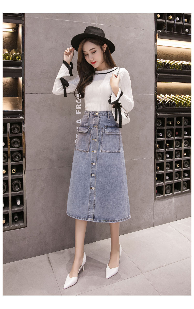 实拍现货2019春季新款牛仔排扣裙女高腰牛仔裙中长裙半身裙3052