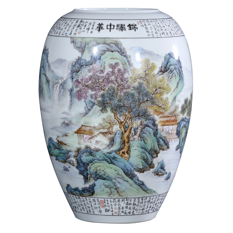 Master hand draw pastel landscape painting and calligraphy tube of jingdezhen ceramics Chinese style living room TV cabinet porch is decorated furnishing articles