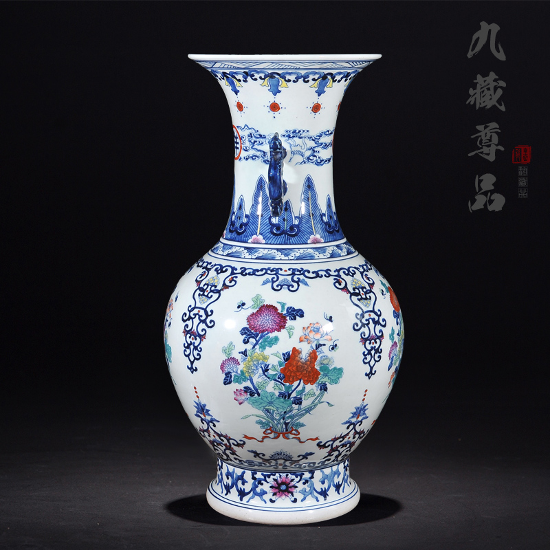 About Nine sect Buddha tasted jingdezhen blue and white color bucket ears panlong hand - made ceramics vase handicraft furnishing articles in the living room