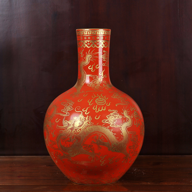 Jingdezhen ceramics imitation the qing qianlong red bottom paint dragon vase household decoration sitting room place the celestial sphere