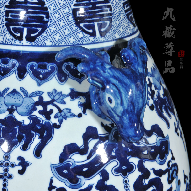 About Nine sect Buddha tasted jingdezhen ceramic antique hand - made sweet deer ear of blue and white porcelain statute of the sitting room place cylinder vase