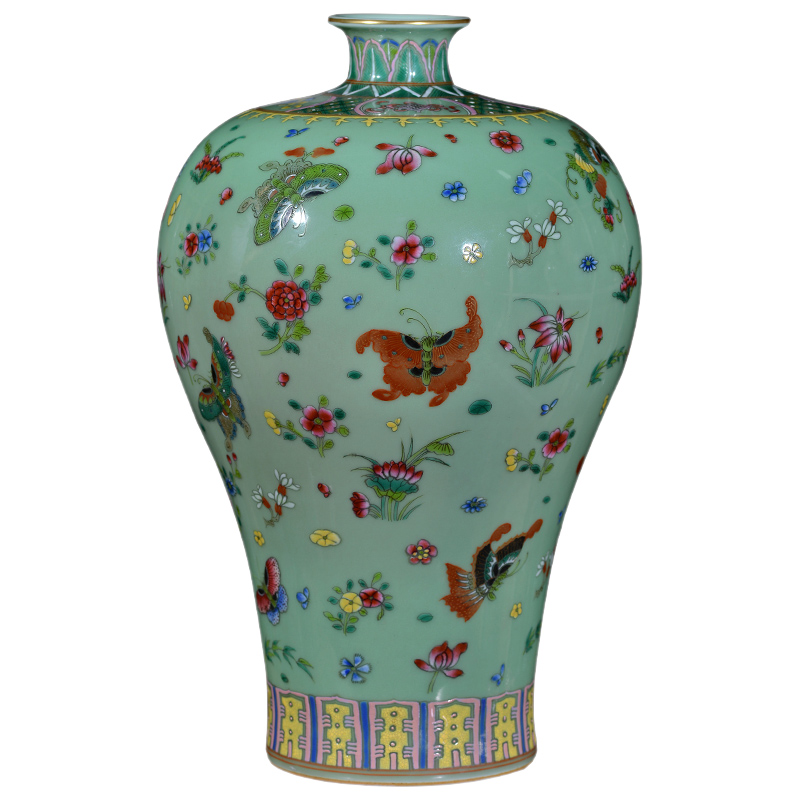 Archaize of jingdezhen ceramics vase qianlong pastel hand - made pea green name plum bottle butterfly porcelain decorative furnishing articles in the living room