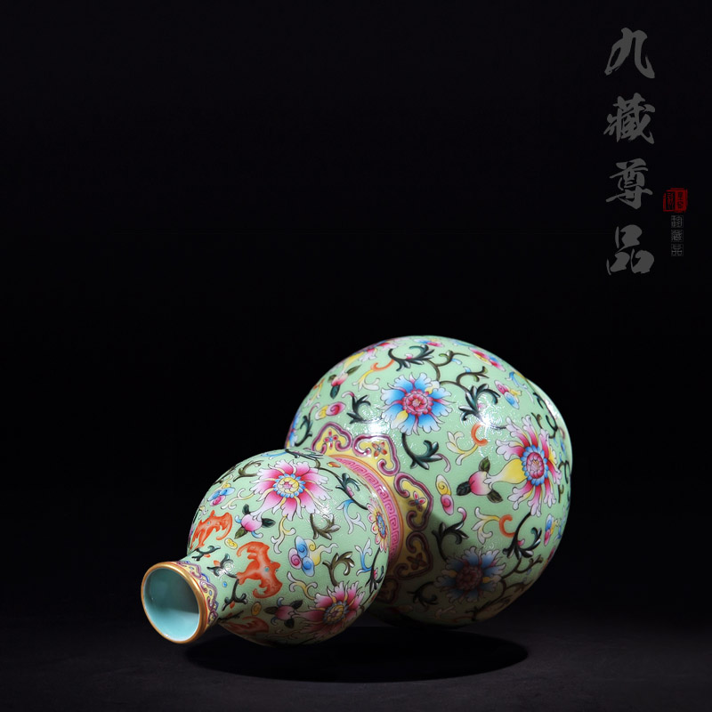 Jingdezhen ceramics antique hand - made grilled green pastel flower lotus flower vase bottle gourd crafts are sitting room