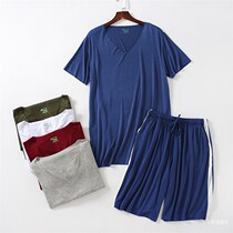 Pajamas Mens summer Modal T-shirt Short sleeve shorts Pullover V-neck vest thin half sleeve large size home wear