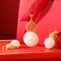 (Xiong Jia Jewelry) Hetian Sheep White Yushan flowing water original national style silk color Mark gourd pendant ring