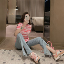 Love letter printed short sleeve knit T-shirt woman 2022 Summer new small balsamic atmosphere Sweet Beauty Short blouses