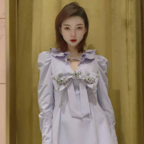 2021 spring new temperament thin design sense French ear edge lace-up bubble sleeve heavy nail diamond shirt skirt