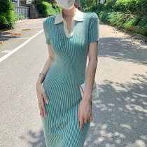 2022 Summer new port Taste Retro Polo Collar Knit Dress Dress Woman with a slim first love dress Ocean Gas