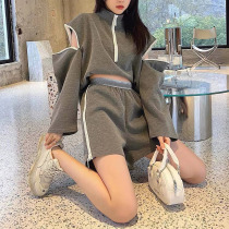 Advanced senses kit matching suit womens fall 2022 new grey shorts loose blouses two sets of foreign air