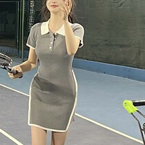 Grey Polo Collar Knit Dress Woman Summer 2022 New Pure Desire Sexy to Slim Fit Hip Skirt Tide