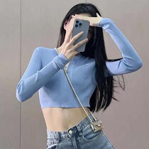 2022 New small sub blue knit cardigan womens senior Temperament famous for a slim fit and short