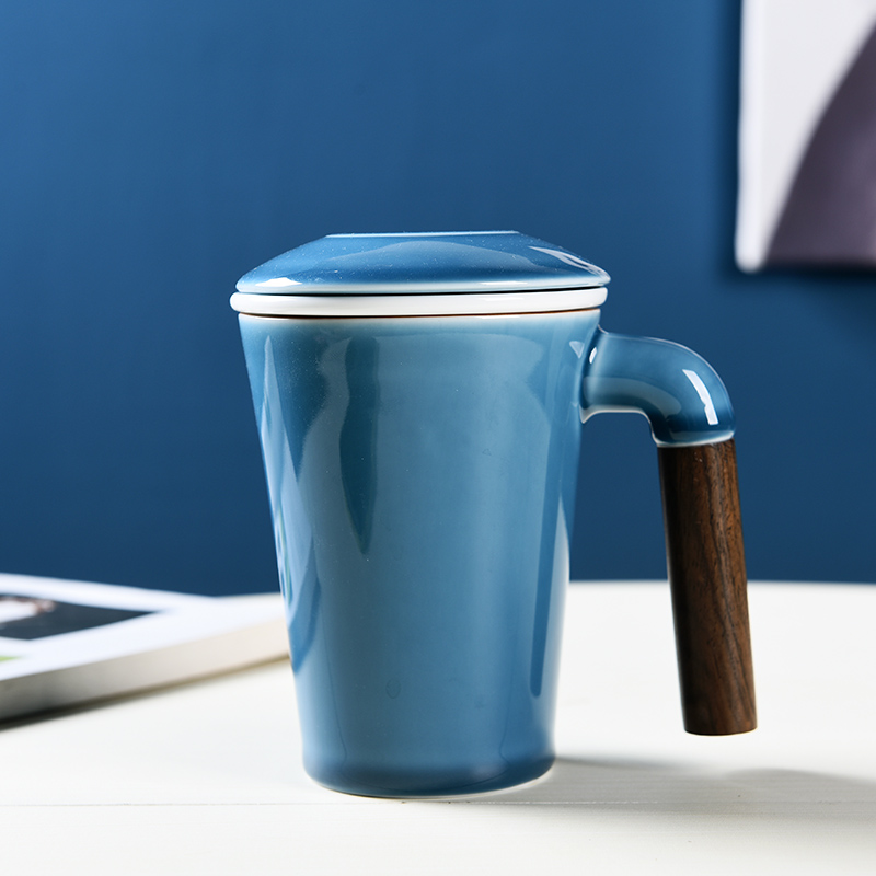 Ceramic office cup home hand with wooden handle with cover the tank filter large capacity water separation business tea tea cup