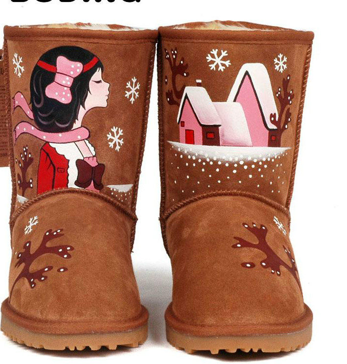 手绘雪地靴女冬韩版真皮中筒防水加厚短靴涂鸦雪地靴定制清仓