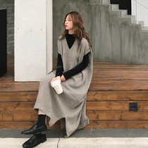 Rose Plus size Womens V-neck knitted sundress Womens spring and autumn outer knee-length sweater dress loose