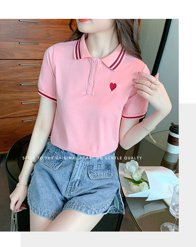 polo衫女士翻领粉色上衣2022新款夏季半袖运动宽松短袖t恤 - 17网