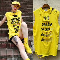 2021 hip-hop loose sleeveless T-shirt womens long summer wear a hollow top fashion casual street dance suit