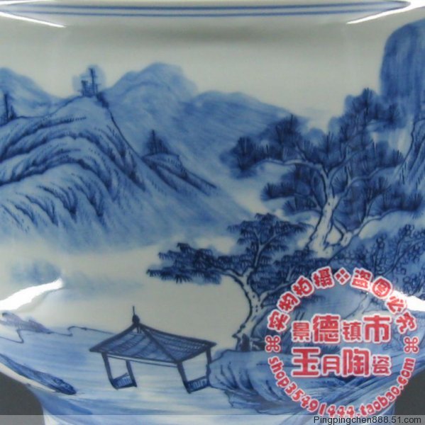 姜进健 手绘青花山水小桥流水瓷器装饰摆件 高脚碗 景德镇陶瓷器