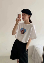 South Korean girl short sleeve T-shirt female summer 2022 new round collar cat dog avatar loose pure cotton half sleeve blouse schoolgirl