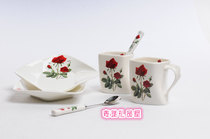 South Korea imported kitchen tableware TOPMATE red rose square mouth couple bone china coffee cup Set 6p gift box