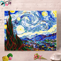 diy oil painting landscape European style frame hand-painted bedroom living room decoration painting special price thick frame starry sky