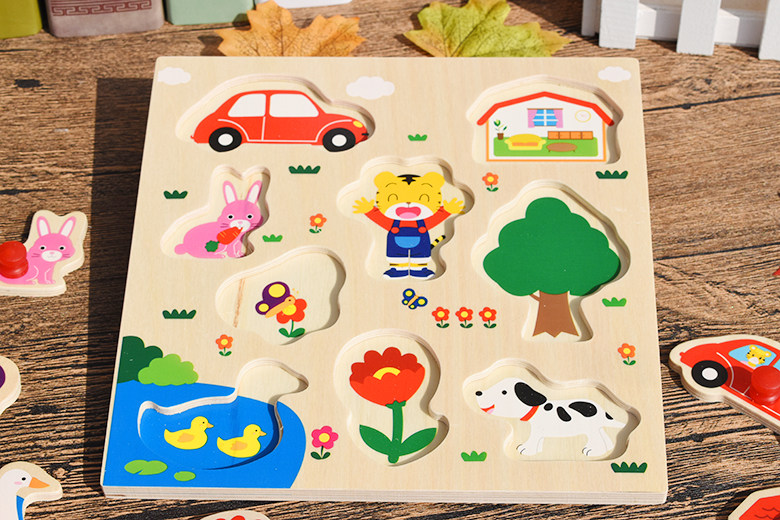 木质镶嵌拼版木制手抓板嵌板拼图儿童卡通拼板早教益智玩具