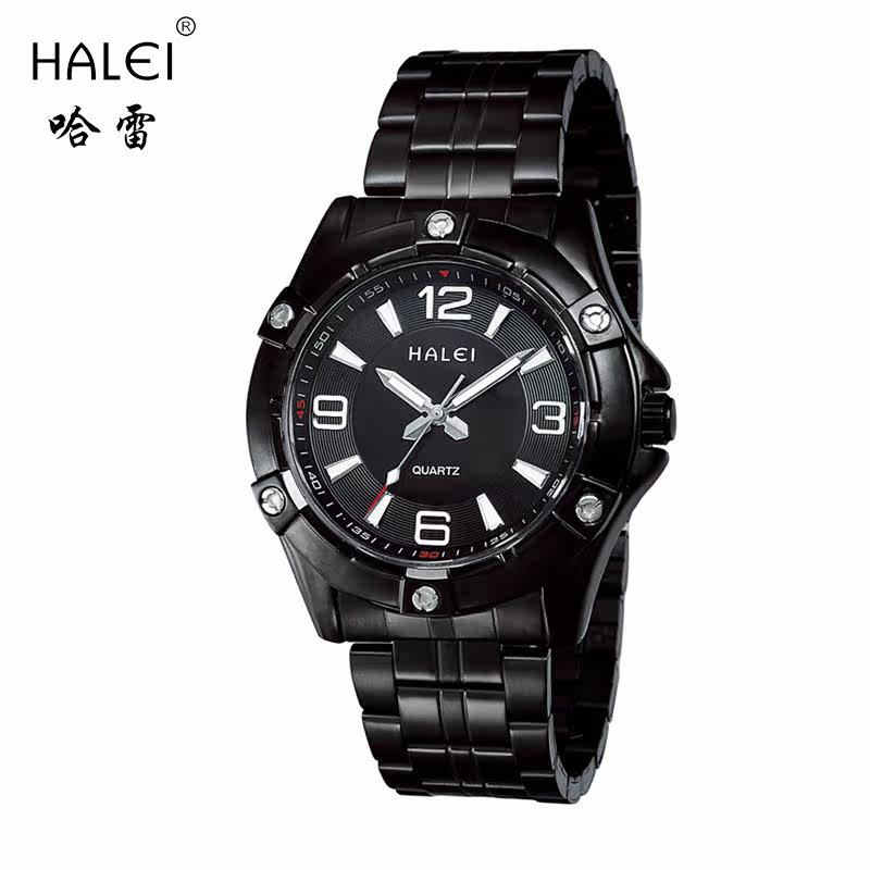 halei哈雷3018手表时尚潮流经典学生运动男表夜光黑钢防水石英表