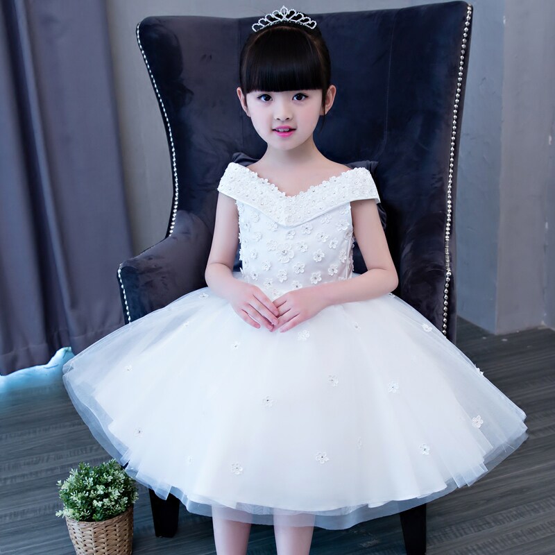 女童生日晚礼服公主裙主持人儿童婚纱蓬蓬裙夏花童钢琴演出服白色