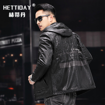 Headlayer cow leather genuine leather down clothes male winter Henning Locomotive Handsome and hat Thickened Leather Jacket Warm Coat Tide