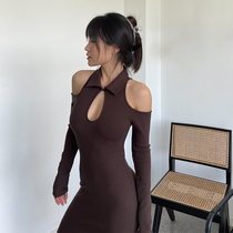LEIYU knit ruby shoulder one-piece dress woman 2021 autumn new body wrap hip hollowed-out European and American hot girls ins long dress