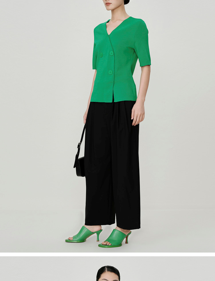 【轻礼系列】玛丝菲尔2023年夏季新款绿色V领三粒双排扣针织上衣