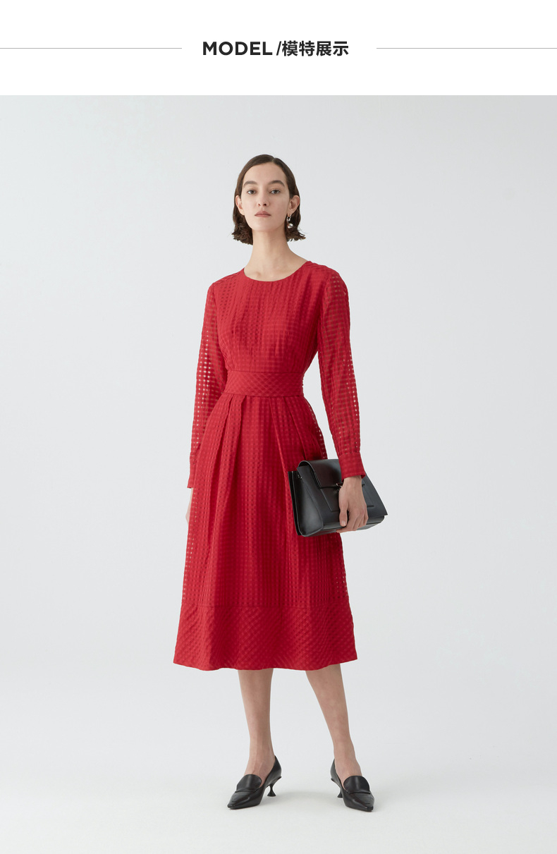玛丝菲尔羊毛裙子春新款长袖中长款收腰显瘦红色气质连衣裙