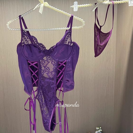 mrspanda's lovely Bauhinia purple satin strapped jumpsuit sexy bra outside lace suit hollow mrspanda's lovely Bauhinia purple satin strapped jumpsuit sexy bra outside lace suit hollow