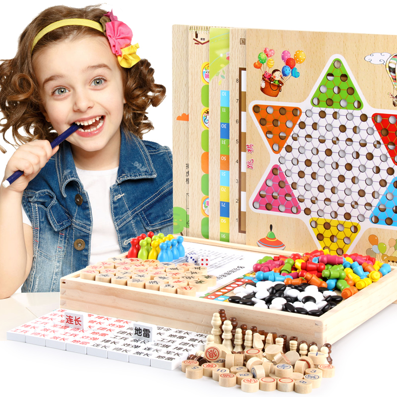 multi-function desktop game chess puzzle Toy wooden chess, backgammon, chess, children jumping Chess snake chess flying chess
