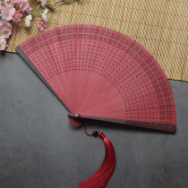 Red Blue Pure Color Bamboo Fan 6 Inch Hollowed-out China Wind Classical Summer Fold 22cm Process fan Gift delivery fan jacket
