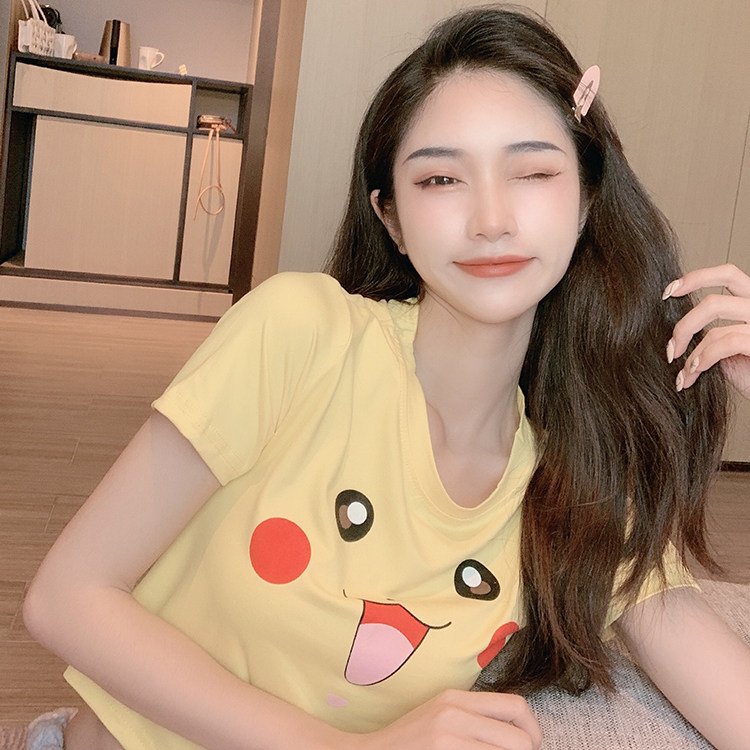 实拍实价怪可爱显胸皮卡丘少女卡通短款t恤