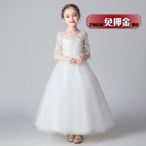 Rental girl flower girl pure white dress rental baby girl cute fairy medium long-sleeved small wedding dress long skirt