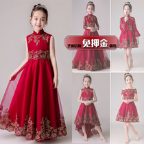 Rental childrens host red dress girls Chinese style medium long-sleeved long-sleeved dress girls medium and long puffy yarn skirt