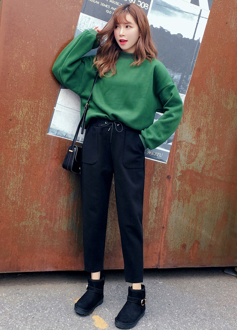 萝卜裤女秋冬毛呢加厚17新款羊绒阔腿九分裤子女宽松哈伦休闲裤