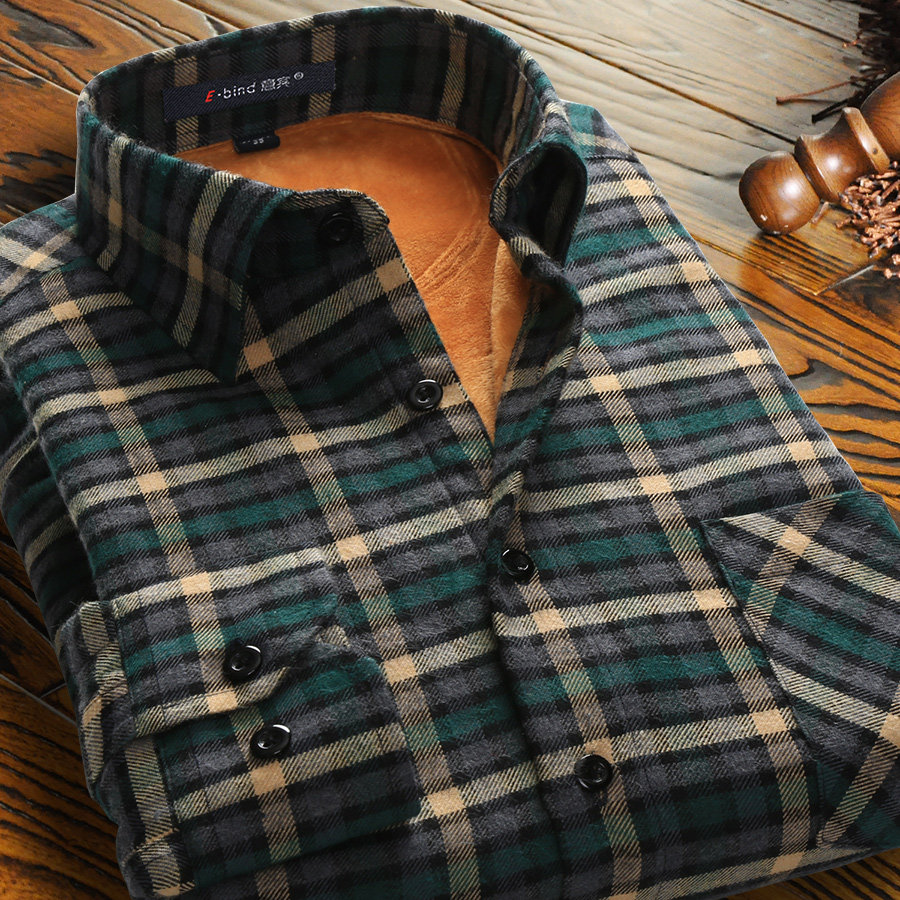 意宾格子保暖衬衫男士 长袖 衬衫加绒加厚修身休闲m男装磨毛衬衣