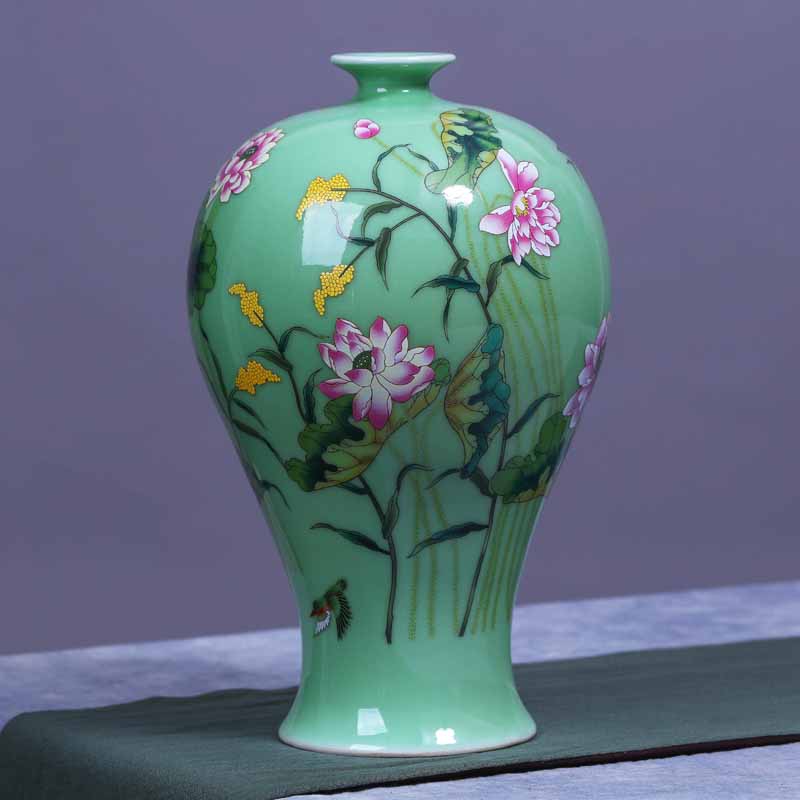 Jingdezhen ceramic vase manual shadow lotus rhyme name plum green glaze color bucket bottle vases, flower decoration crafts are sitting room