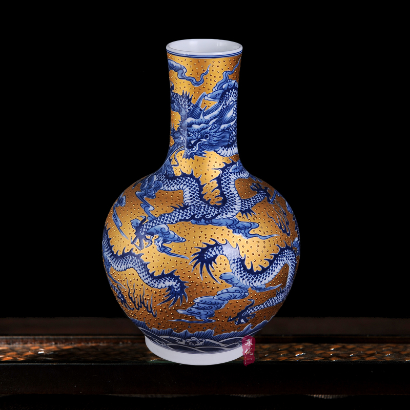 Jingdezhen ceramics gold dragon pattern of blue and white porcelain vase modern fashionable sitting room handicraft decorative furnishing articles