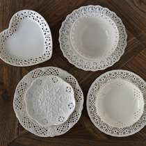 W1962 European retro French ceramic heart-shaped hollow lace elegant dinner plate dessert plate petal plate