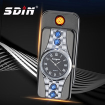 New watch lighter charging metal windproof electronic cigarette lighter black gold inlaid hand quartz watch practical timing