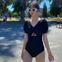 Swimsuit womens 2021 new ins one-piece triangle sexy and thin Korean fairy fan short-sleeved drawstring vacation swimsuit