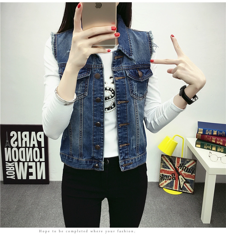 Năm 2021 mùa xuân mới đến quần áo phụ nữ Hàn Quốc tất cả các kết hợp áo vest denim rộng rãi cỡ lớn áo vest thủy triều áo khoác ngắn ghi lê - Áo khoác ngắn