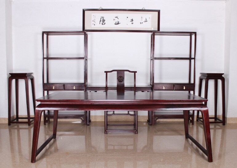 赞比亚血檀书房七件套 现代简约红木家具 实木办公桌 画案 书法桌_7折