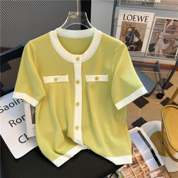 Loose and cover the belly round collar color ice silk short -sleeved T -shirt female summer new small incense wind sweater