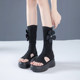 Mansan ພາກຮຽນ spring ແລະ summer ຮູບແບບໃຫມ່ thong-toe mid-calf boots ສໍາລັບແມ່ຍິງ, ເກີບ stretch hollow ຫນາ soled, ເວທີ slimming versatility knitted ເກີບເປີດ-toe