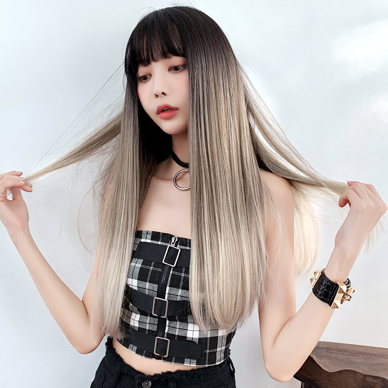 images 4:Milk tea day is a wig with long straight hair and a natural fluffy round face with long hair images 4:Milk tea day is a wig with long straight hair and a natural fluffy round face with long hair