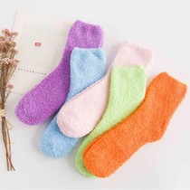 Autumn and winter plus velvet thickened womens sleep socks warm and soft coral velvet towel socks solid color mid-tube womens cotton socks